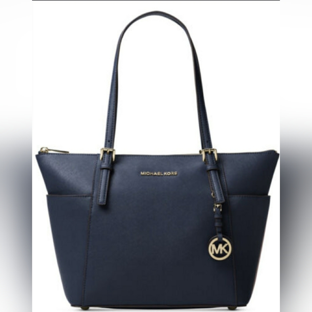 Michael Kors MK Jet Set Top Zip Large Tote Navy Leather Purse Handbag